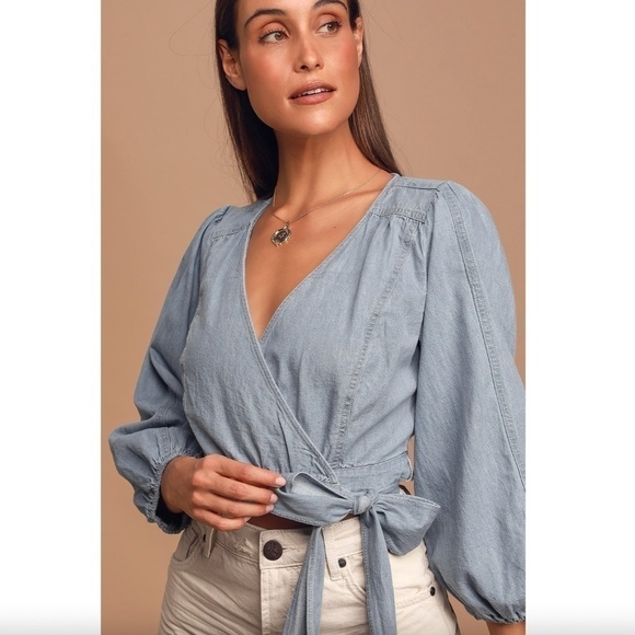 Free People Sophie Light Wash Denim Balloon Sleeve Wrap Crop Top - Picture 2 of 10